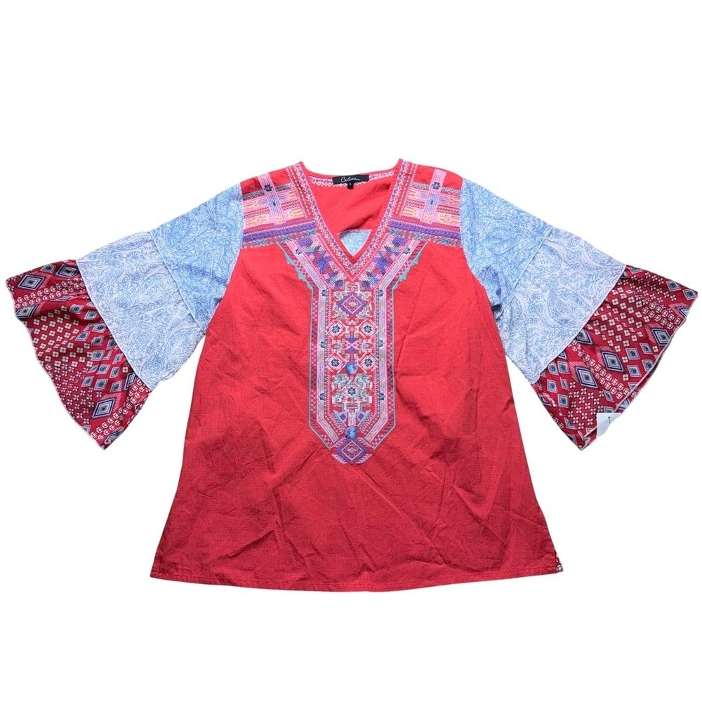 Calessa Womens Large 4th July‎ Red White Blue Embroidered Split Neck Tunic NWT